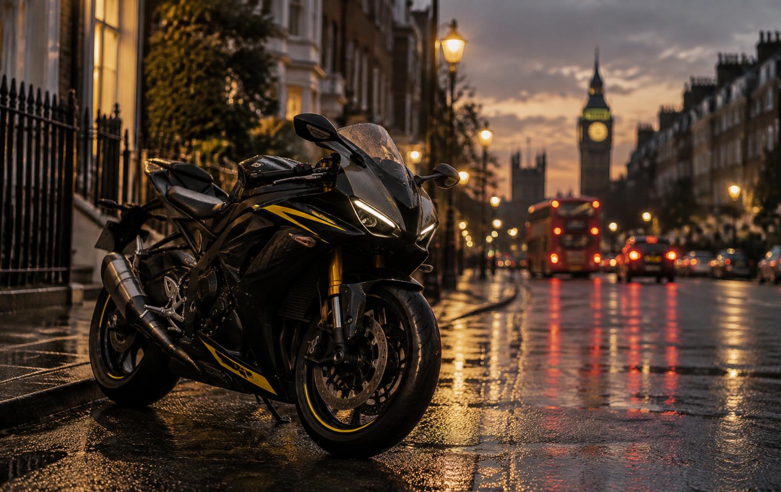 Black and yellow motorcycle on a London street at dusk